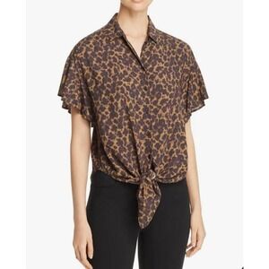 Chic‎ Leopard Print Short Sleeve Button Up Tie Front Shirt Top Women's